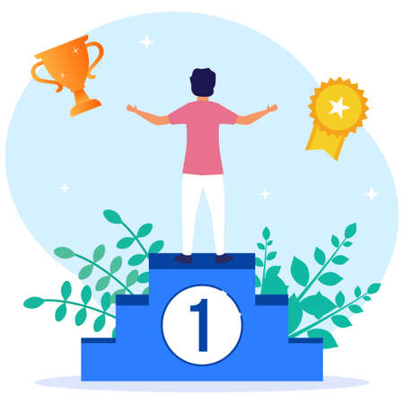 A young businessman sits on a winner's cup with gold trophies and confetti all around. Modern vector illustration.のイラスト素材