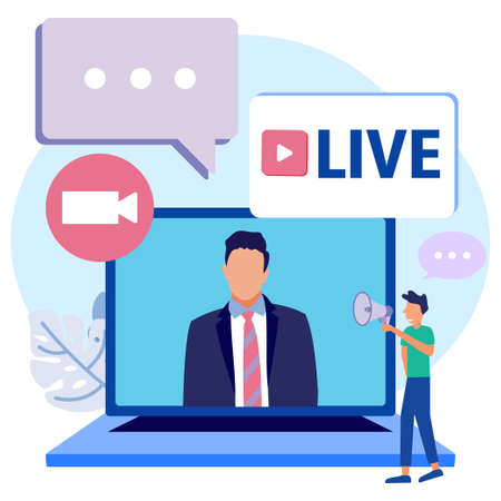 Modern concept vector illustration, presenter character bringing news, watching live streaming television, social media. Illustrations for websites, landing pages, mobile apps, posters and banners.のイラスト素材