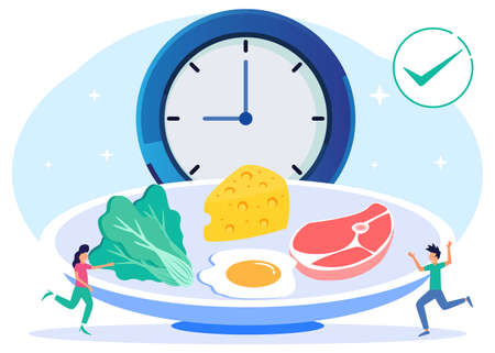 Vector illustration of a meal schedule for balancing daily meals. Hunger is a constant period of time as a healthy habit of the digestive system. Symbolic wall clock with lunch plate.のイラスト素材