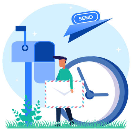 Vector illustration, envelope containing a letter, young man texting, receiving mail, sorting, web mail or mobile service layout for website titles.のイラスト素材