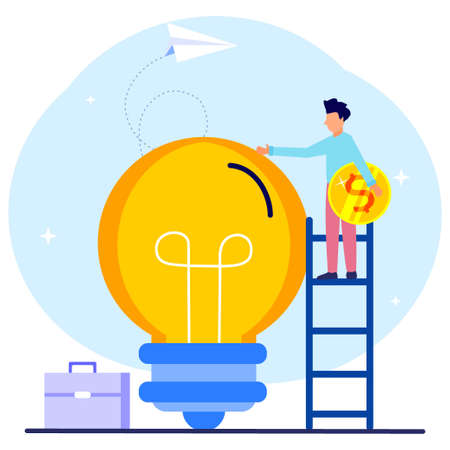 Vector illustration, entrepreneur and creative concept ideas about the key to success, light bulbs and symbols, looking for new creative thinking, investing and investing money in ideas.のイラスト素材