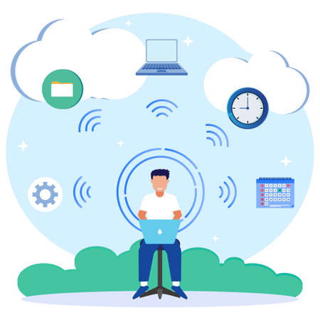 Modern style vector illustration. Young businessman sitting with a laptop and office icons in the background. Multitasking and time management concepts. Effective management.のイラスト素材