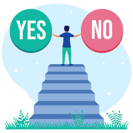 Choose a vector illustration. Concept selection process by office workers. Symbolic scenes with yes or no answers and decision making. Positive or negative persuasion and convincing visualization.のイラスト素材