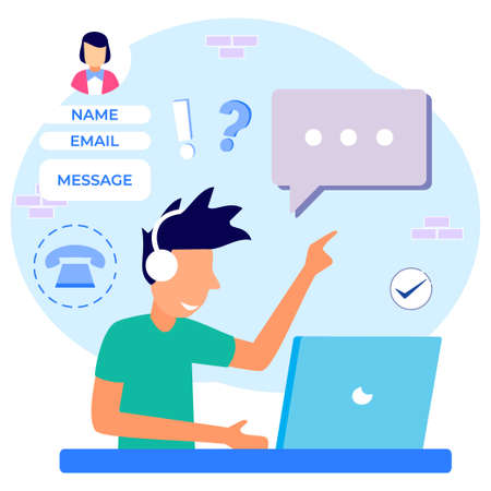 Flat Style Vector Illustration. Contact Us Form Templates for Web and Landing Pages. Male clerk Service Agent with Headset Talking to Client. Online Customer Support and Help desk Concepts.のイラスト素材