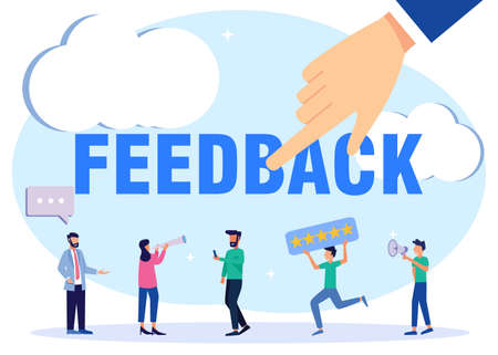 Flat style vector illustration. Customers Give Five Star Feedback. Clients Choose Satisfaction Ratings and Leave Positive Reviews. Customer Service Concepts and User Experience.のイラスト素材