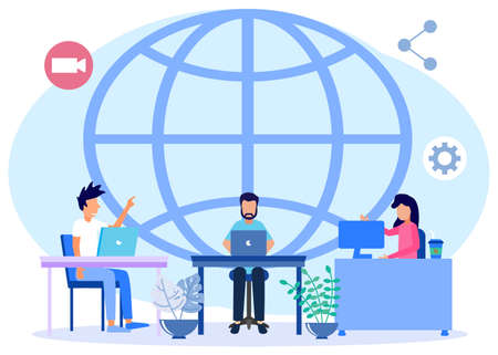 Vector illustration of global freelancing with outsourcing of work around the concept between countries. International workplace as an online employee for remote projects for piece jobs.のイラスト素材