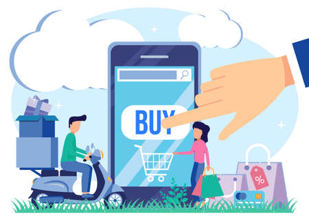 Flat Isometric Vector Illustration. Intelligent Logistics Concept. Online Delivery Service. The courier on the scooter sends the order box. Smartphone with Mobile App for Shipment Tracking.のイラスト素材