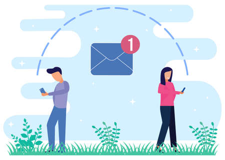 Flat Style Cartoon Vector Illustration. Person character with Smartphone and Chat. Happy boys and girls talking and typing on Phone.のイラスト素材