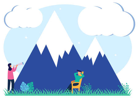 Vector illustration of an ecotourism concept. Uninterrupted natural mountain environment tourism. Outdoor hiking exploration. Earth-friendly vacation eco-friendly tourism business.のイラスト素材