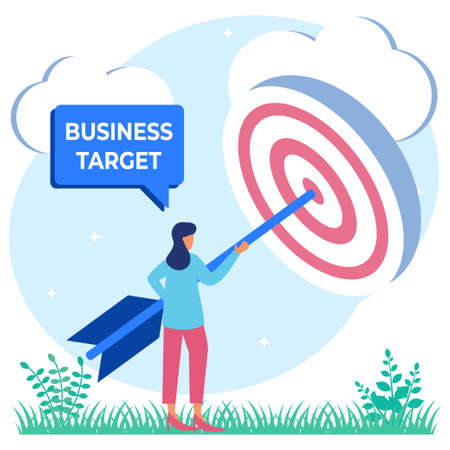 Vector illustration of Goal Achievement Concept. The Entrepreneur Team analyzes the digital target symbol on the screen. Mission Challenge Task Solution.のイラスト素材