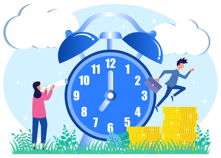 Flat style vector illustration of business people managing working time and achieving success with...