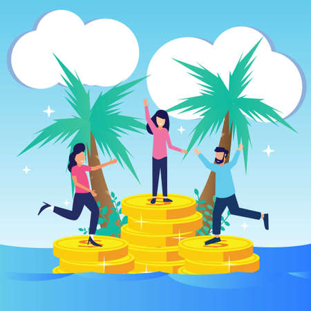 Vector illustration of business concept, characters, people in the middle of money island and a...