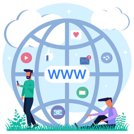 Modern style vector illustration of a domain registration concept with a person character registering the site with his laptop.のイラスト素材