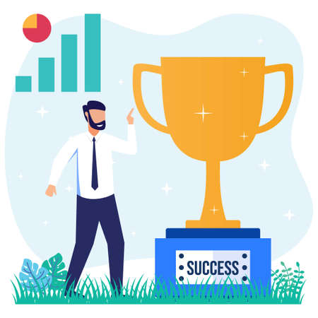 Flat style vector illustration of a successful businessman standing next to a big trophy. success in running, profits doubled.のイラスト素材