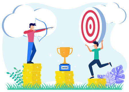 Flat style vector illustration of a goal as a business target. Successful results, profits and results. Businessman aiming at target with arrow.のイラスト素材