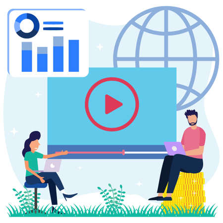Vector illustration of modern style webinar. Marketing videos. Remote communication business management. Conference strategy to attract clients. Online business strategy.のイラスト素材