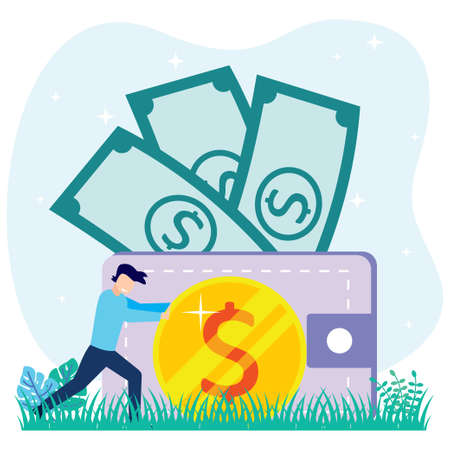 Flat style vector illustration of businessman character pushing coins, making profit and business investment.のイラスト素材