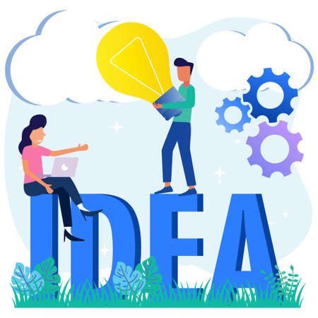 Vector illustration of business concept 2 business people with business concept light bulb. Team metaphor. The character of a person with an idea.のイラスト素材