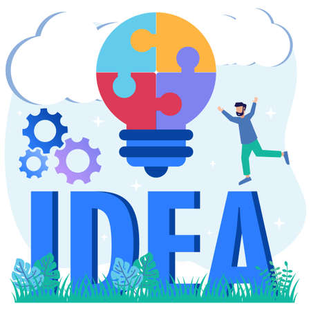 Vector illustration, entrepreneur and creative concept ideas about keys to success, light bulb shaped puzzle and symbols, looking for new creative thinking, investing money in ideas.のイラスト素材