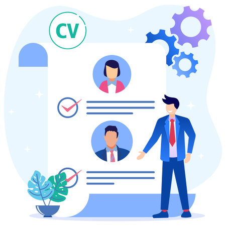 Flat style cartoon vector illustration. female lead stands in front of the list of job applicants. Concept of worker or personnel selection, staff recruitment or employee recruitment.のイラスト素材