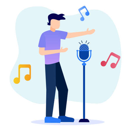 Flat Vector Illustration, Man Singing Song with Mic. Duet Talent Show, Karaoke Club Show, Recording Studio. Website Landing Pages, Cartoon Web Pages, Banners.のイラスト素材