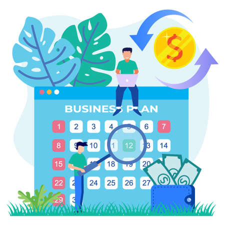 Business plan schema vector illustration, work in progress, businessperson checking table, work planning, Concept for web pages, banner, presentation, social media, document.のイラスト素材