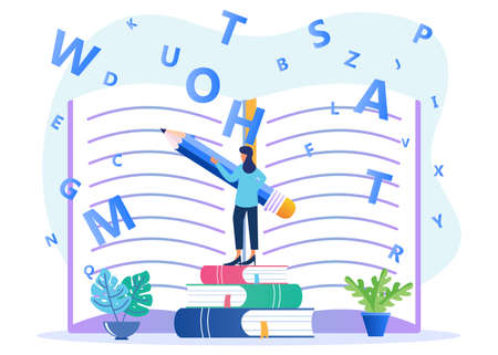 Flat style Vector illustration of Intelligent Woman Writer Character with Pen Writing on Paper. Create a Book, Poetry, or Narrative Landing Page Template. Literature or Writing Hobby, Work.のイラスト素材