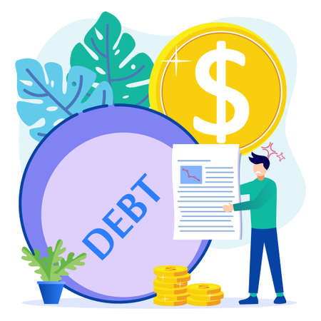 Flat style vector illustration of businessman's financial problems, debts and loans. Bills, receive letters from collection agencies and carry debts.のイラスト素材