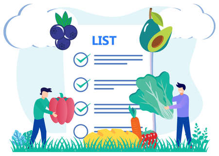 Flat style vector illustration. Nutritional products. Complete shopping trooley. Eat a balanced diet with vitamins, green vegetables, fresh vegetables and fruits. Shop and list of healthy foods.のイラスト素材