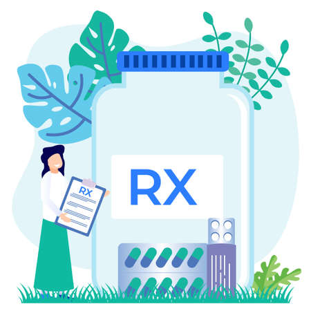 Vector illustration of pharmacy and drug concept. Pharmacy specialists recommend painkillers to patients. Female pharmacist standing near RX prescription.のイラスト素材