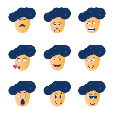 Collection of various male expressions. Contains Icons like winking faces with tongues, Confused faces, happy, angry and more. Vector illustration.のイラスト素材