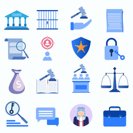 Legal and justice line icons govern vector illustration. Contains icons such as guidebooks, authorities, courthouses, hammers, laws,weapons and others. Vector illustrationのイラスト素材