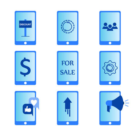 The online digital marketing icon sets a vector illustration. Contains icons such as Strategy, Shopping online, gear, discounts, e-commerce, target groups and more.のイラスト素材