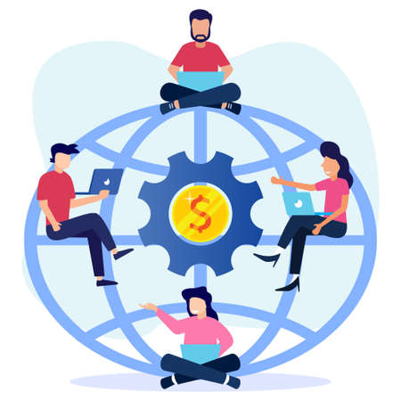Vector illustration of global freelancing with outsourcing of work around the concept between countries. International workplace as an online employee for remote projects for piece jobs.のイラスト素材