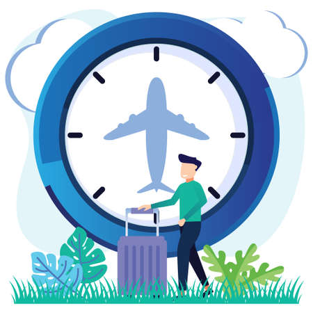 Flat vector illustration. The characters are ready for the holidays. Book a round trip ticket. Can be used for web banners, infographics, hero images.のイラスト素材