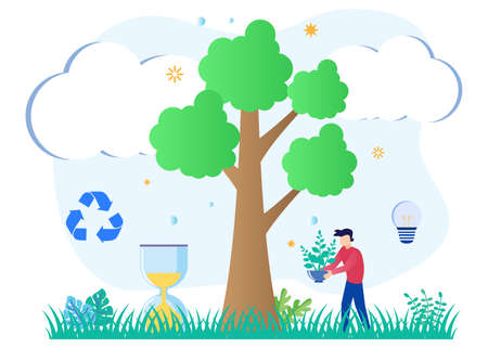 Flat vector illustration of a character planting a tree. The concept of caring for the environment and volunteerism. Reforestation.のイラスト素材