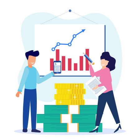 Vector illustration of business concepts, business people with bookkeeping, accounting and auditing developments.のイラスト素材