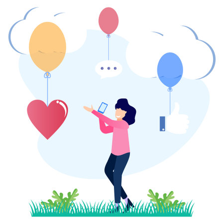 Vector illustration of modern style online messaging, communication via Internet, social media, chat, video, news, website, make friends, mobile web graphics - Vector.のイラスト素材