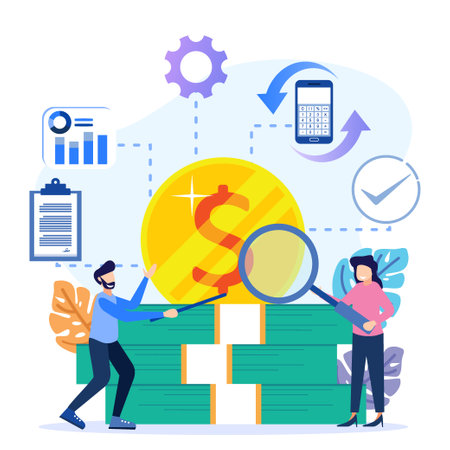 Flat isometric vector illustration isolated on white background. Financial audit business concept and company data. Can be used for web banners, infographics, hero images.のイラスト素材