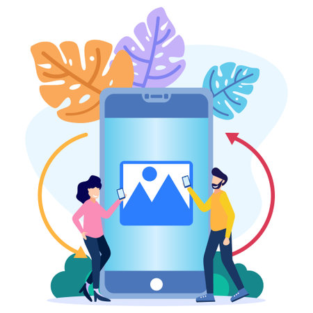 Modern style vector illustration. People character file sharing, encrypted transfer, documentation transfer, data transfer.のイラスト素材