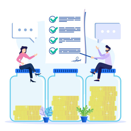 Flat Isometric Vector Illustration. Coins, Banknotes, Financial Documents are in the building of the Bank. Public Financial Audit Concept.のイラスト素材