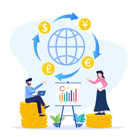 Vector illustration of modern business concept style. Currency exchange, online money transactions, stock trading icon set. Open banking platform, stock market metaphor.のイラスト素材