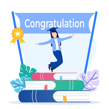 Flat vector illustration of woman celebrating graduation in toga on head. Learn to study at school up to the top level and graduate with the best results.のイラスト素材