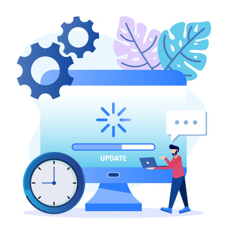 Flat style vector illustration. Fix System Update Change New Version. Install the update process with the character of a person. Suitable for web landing pages, ui, mobile apps, banner templates.のイラスト素材