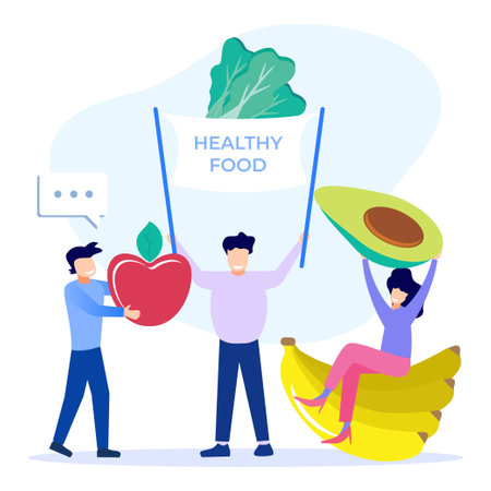 Flat vector illustration of healthy food culture movement and vegetarian diet. Green, natural ingredients and sources of nutrition for good health.のイラスト素材