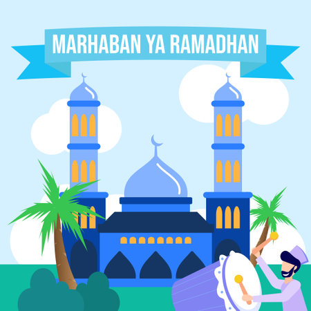 Ramadan card flat vector illustration with ornate text on mosque silhouette background and human character who is cheerful and happy to welcome the holy month.のイラスト素材