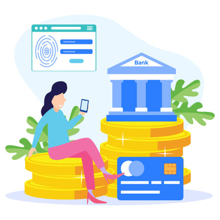 Vector illustration of modern style mobile banking concept of person character using app for money transfer and online bankingのイラスト素材