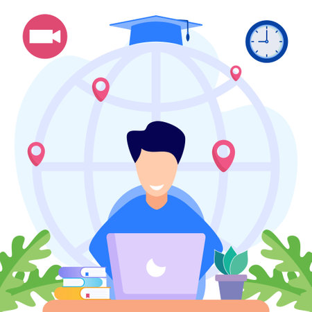 Vector illustration of online education theme and E-learning at home through webinar training. Learn remotely, face to face via screen.のイラスト素材