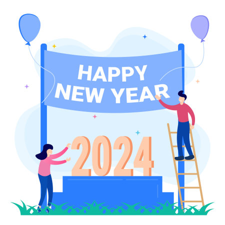 Flat style vector illustration of happy characters celebrating festive New Year 2024. Can be used for web banners, infographics, hero images.のイラスト素材