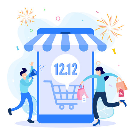 Flat style vector illustration. Special day with discounted prices. The character of a happy person. Last 12.12 months of the year online sales.のイラスト素材